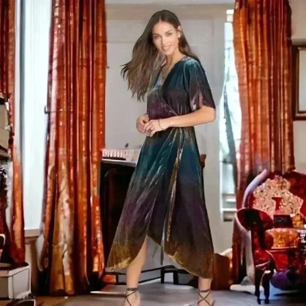 NWOT JOHNNY WAS Ombre Cheetah Print Velvet Midi Silk Wrap Dress Size XS - Picture 2 of 16